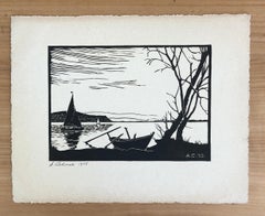 Lake Murten, Black and White Engraving on Watercolor Paper, Signed, 1955
