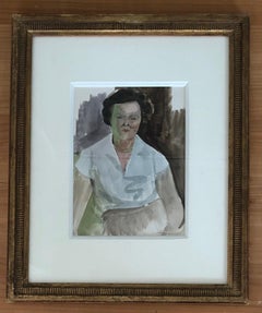 Watercolor of Woman Sitting and Smiling, Modern Mid-20th Century