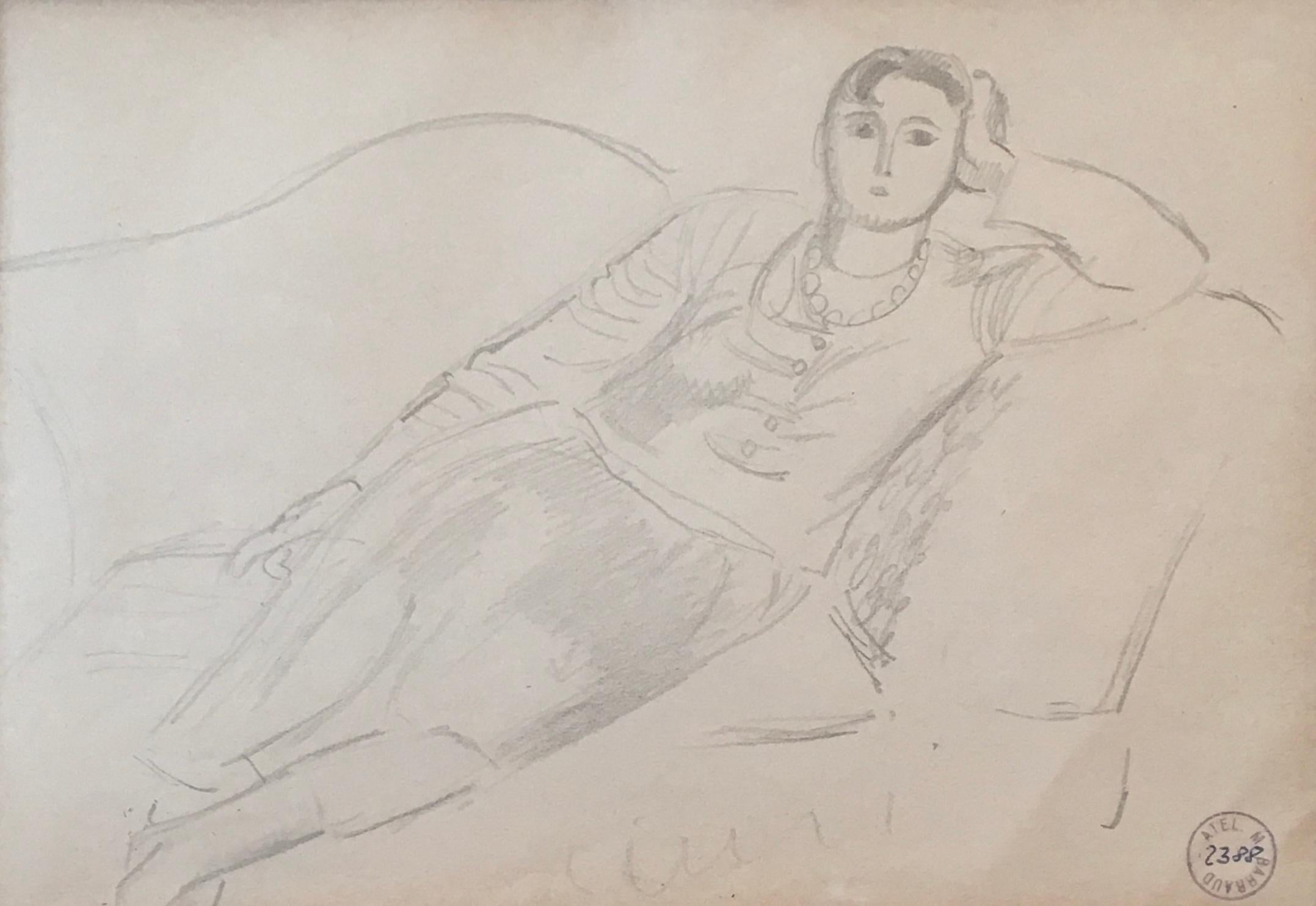 Maurice Barraud Figurative Art - Young woman lying on the sofa