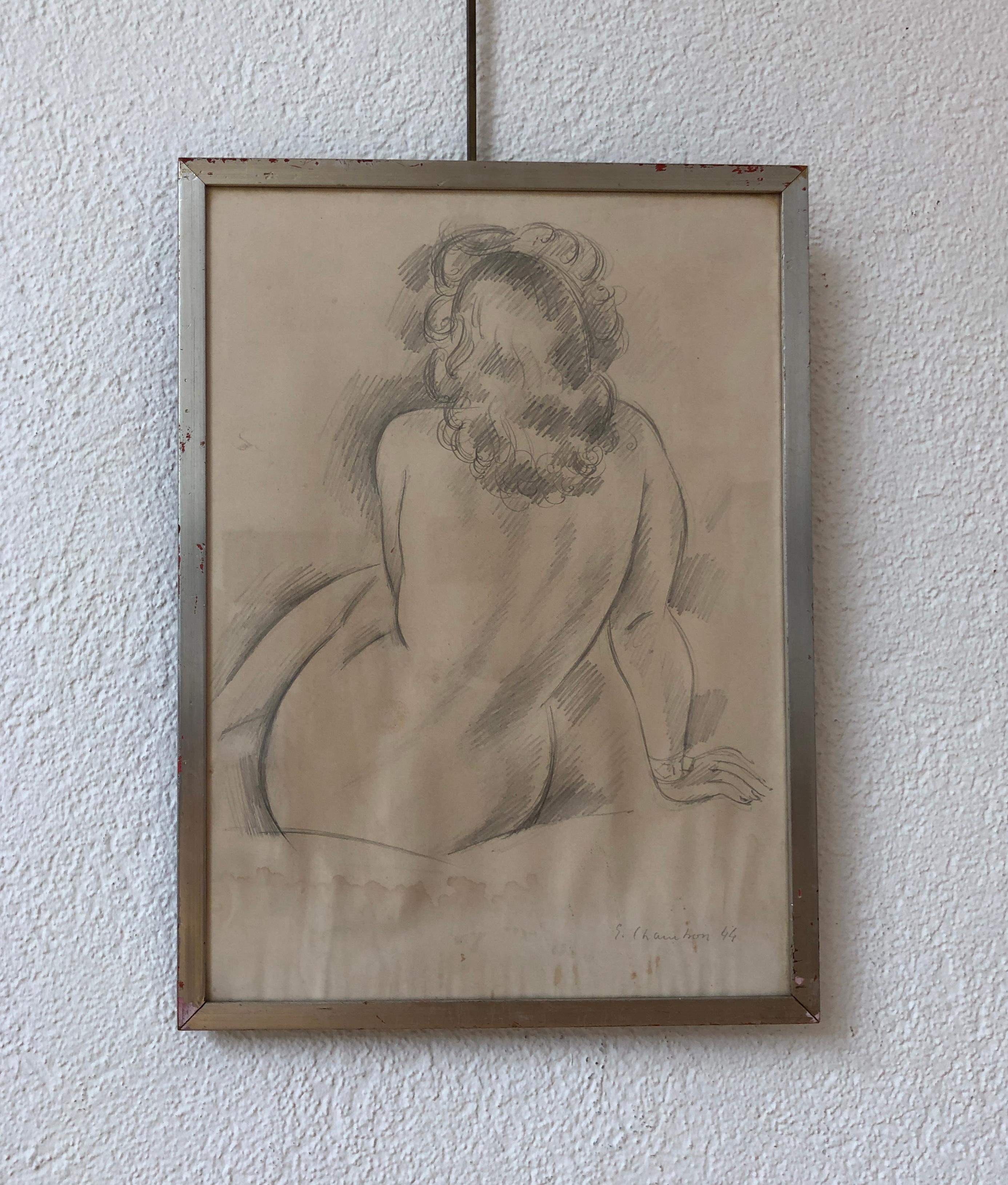 Naked woman from behind - Gray Nude by Emile Chambon