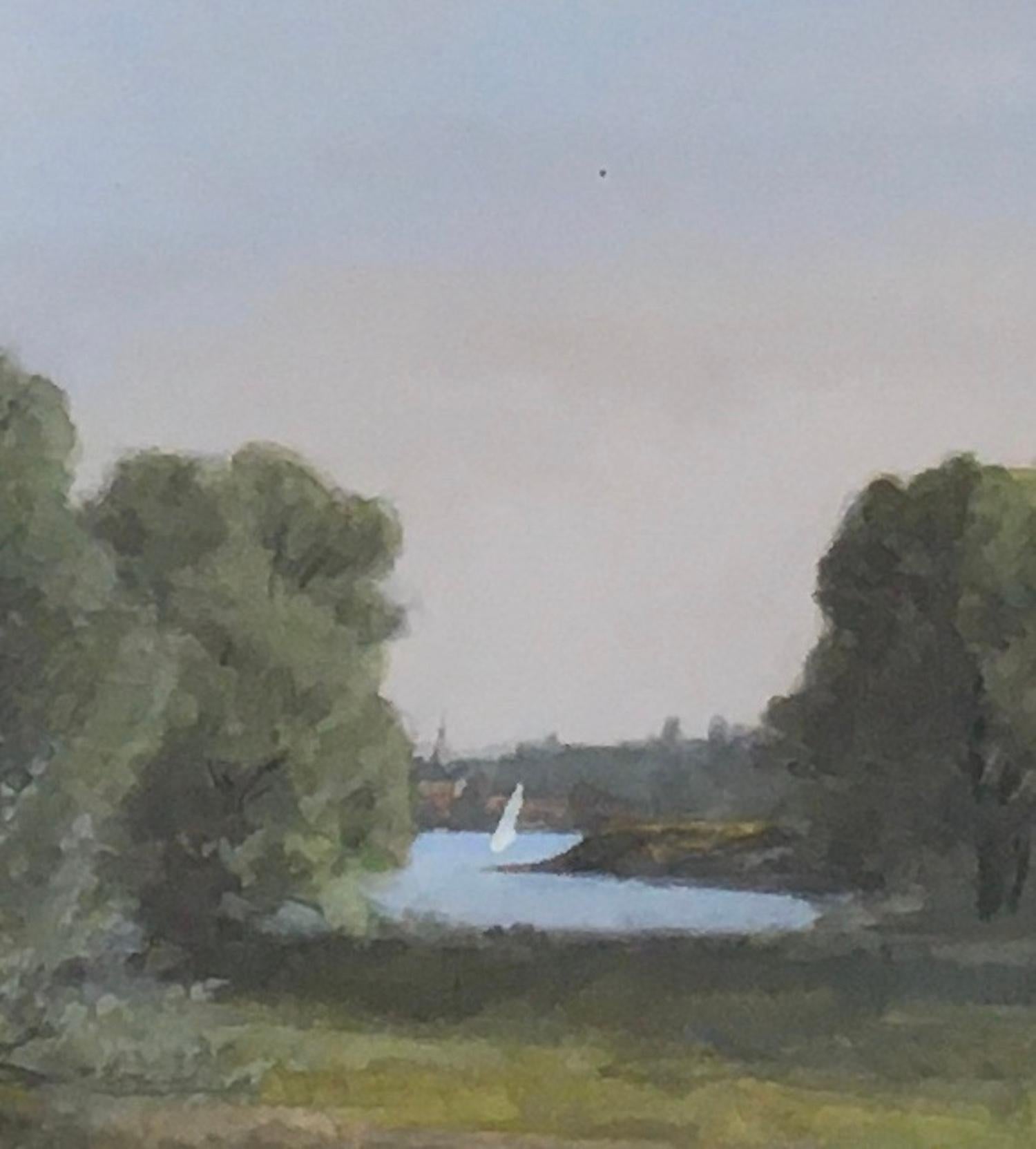 Path by the lake - Gray Landscape Art by Jules Crosnier