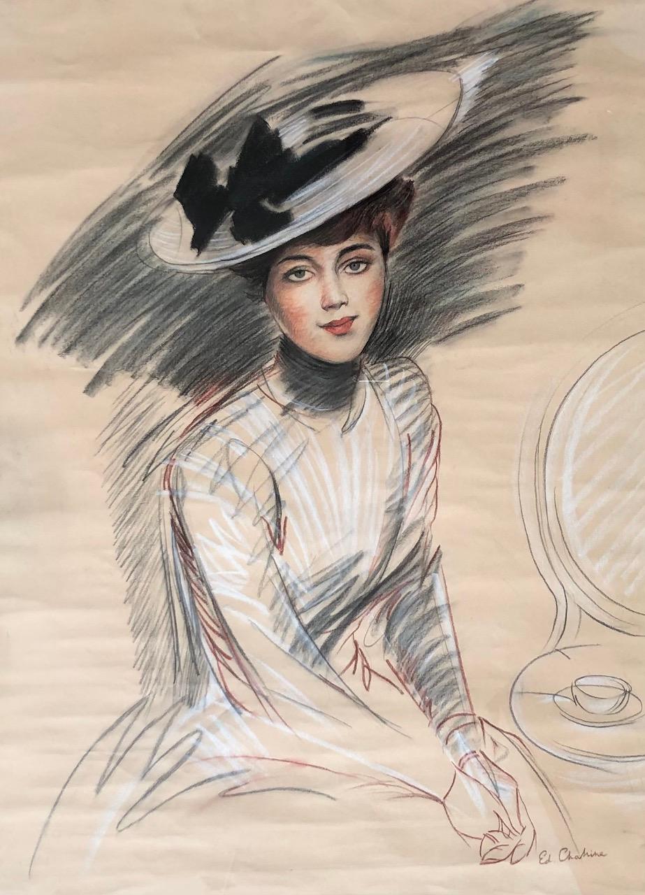 Edgar Chahine Figurative Art - Young elegant woman in a hat