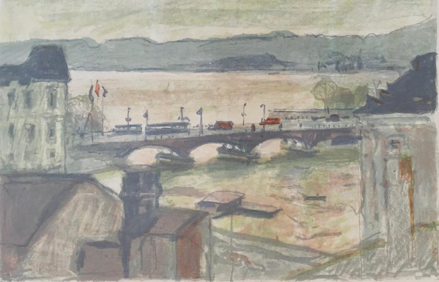 Hans Albert Falk Landscape Art - Zurich bridge with a view of the Limmat river