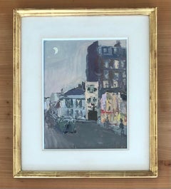 Half Moon Watercolor Painting, Urban Night Scene, Early 20th Century