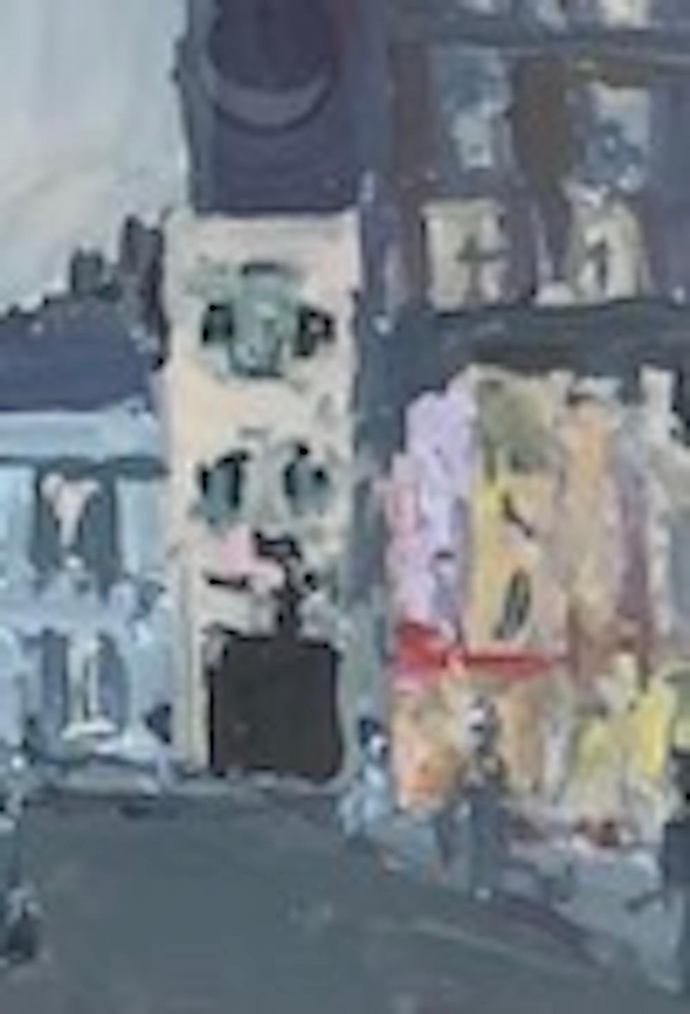 Trabajo en papel
Marco de madera dorada con cristal
46,7 x 39,5 x 3 cm


Esta obra presenta una escena urbana nocturna, impactante por su atmósfera misteriosa y onírica. En el lienzo, la tenue luz de la luna apenas ilumina una calle desierta, dando