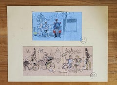 Sketch Duo, Crayon and Pastel on Paper, 20th Century, Unframed