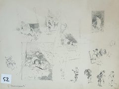 Scene Sketches, Italian School Drawing, Crayon on Paper, 20th Century