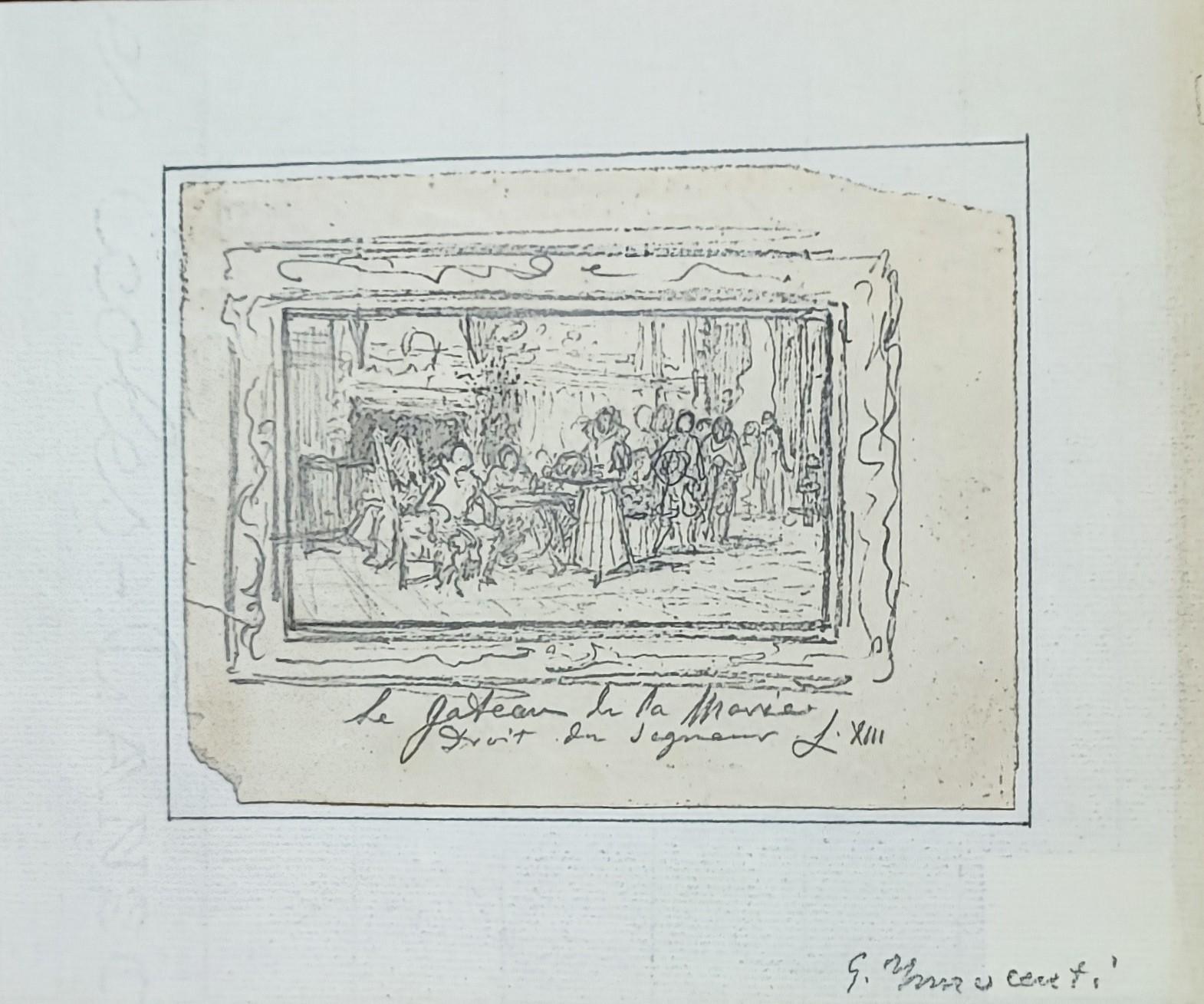 Guglielmo Innocenti Figurative Art - 20th Century Italian Crayon Drawing: The Bride's Cake, Signed