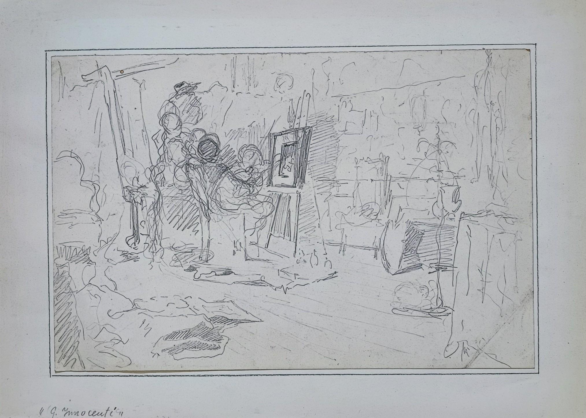 20th Century Italian School Drawing of Interior Scene with Characters