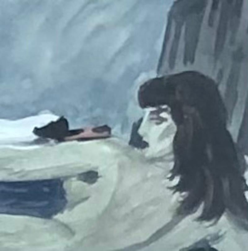 Leda und Schwan

Dieses fesselnde Werk stellt eine mythologische Szene dar, in der eine nackte Frau an einem Strand liegt, umschlungen von einem majestätischen Schwan. Die Farbpalette, die von Grau- und Beigetönen dominiert wird, verleiht der