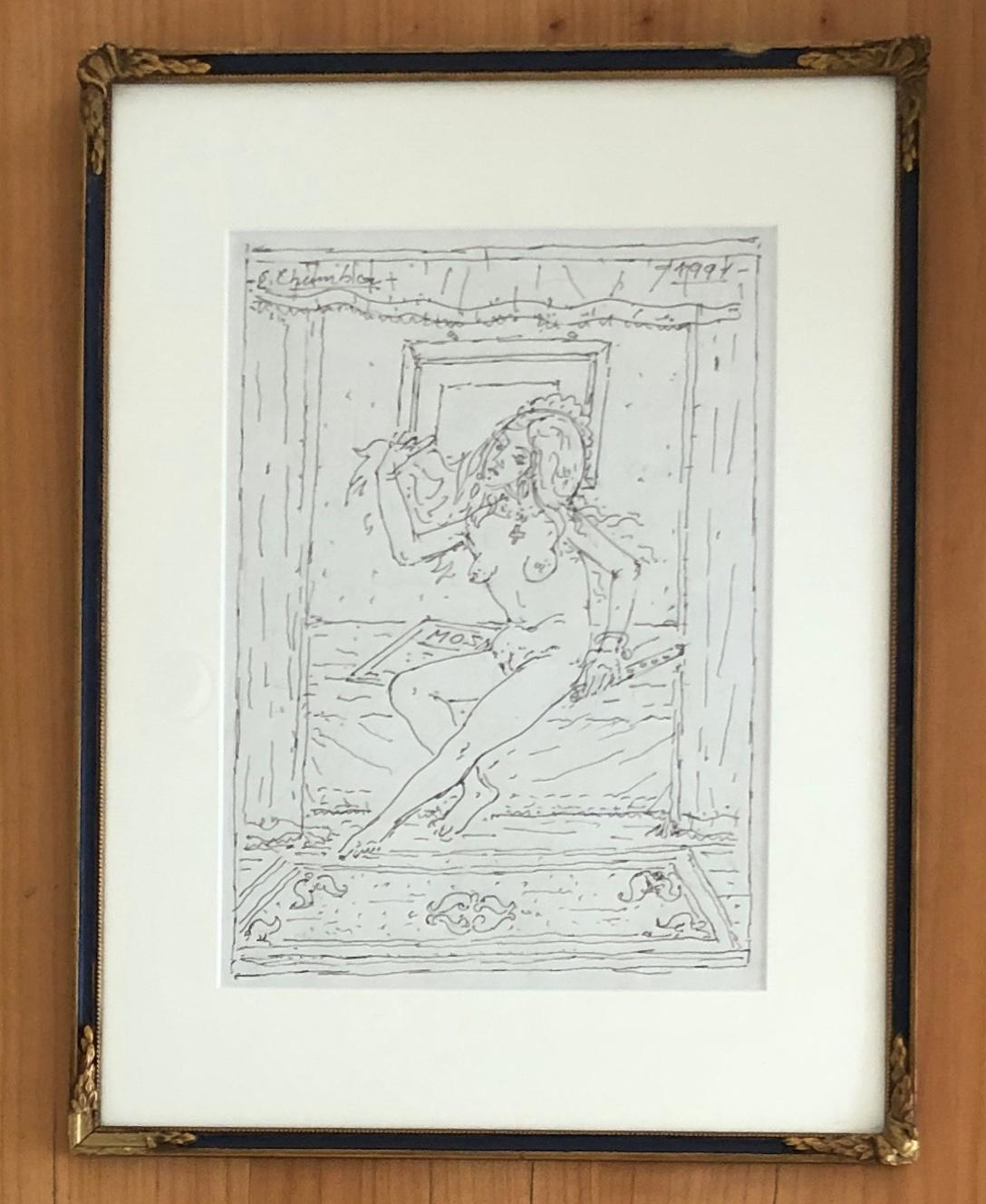 Jeune femme nue avec une flûte - Art de Emile Chambon