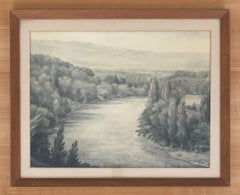 The Arve from Vessy, 1947 Switzerland, Modern Pencil Drawing, Framed