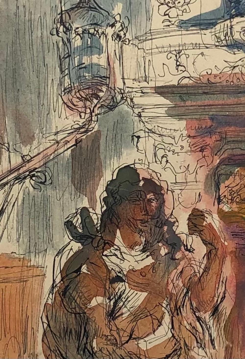 Lavoro su carta
Quest'opera accattivante rivela una scena d'interni ricca di dettagli e texture. Al centro della composizione, una figura drappeggiata in tessuti fluidi si trova accanto a un camino ardente. Le fiamme danzanti proiettano un bagliore