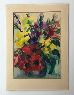 Watercolor Bouquet of Flowers, Expressionist Style, Signed, 1980s