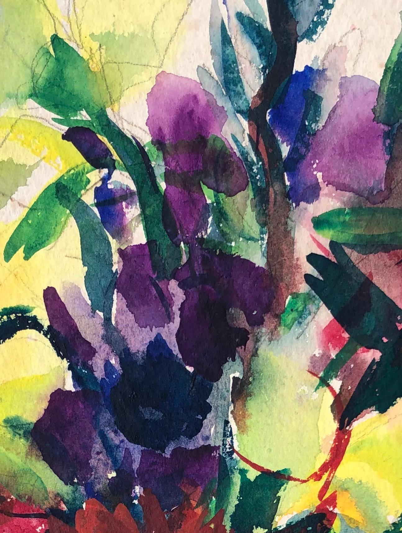 Work on paper
Dimensions of the passepartout:
40.6 x 29.5cm
This captivating watercolor depicts a vibrant bouquet of brightly colored flowers. The work boasts a dynamic composition in which shades of red, violet and yellow harmoniously intertwine.