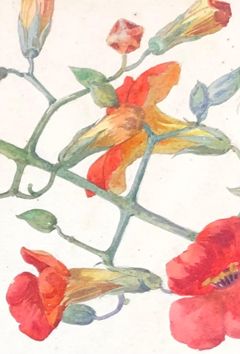 Trabajo en papel

Esta obra ilustra un vibrante ramo de flores, mostrando tonos de rojo brillante y verde suave. El artista ha captado con precisión la delicadeza de los pétalos ondulantes, que contrastan maravillosamente con las hojas esbeltas y