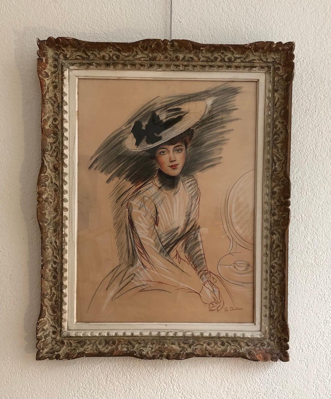 Young elegant woman in  Hat 1900, Art Nouveau, Belle Epoque - Beige Portrait by Edgar Chahine
