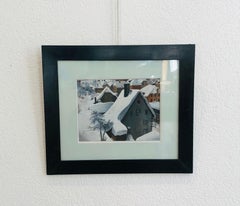 Snowy Roofs Gouache Landscape Drawing, Modern, Framed, Circa 1940