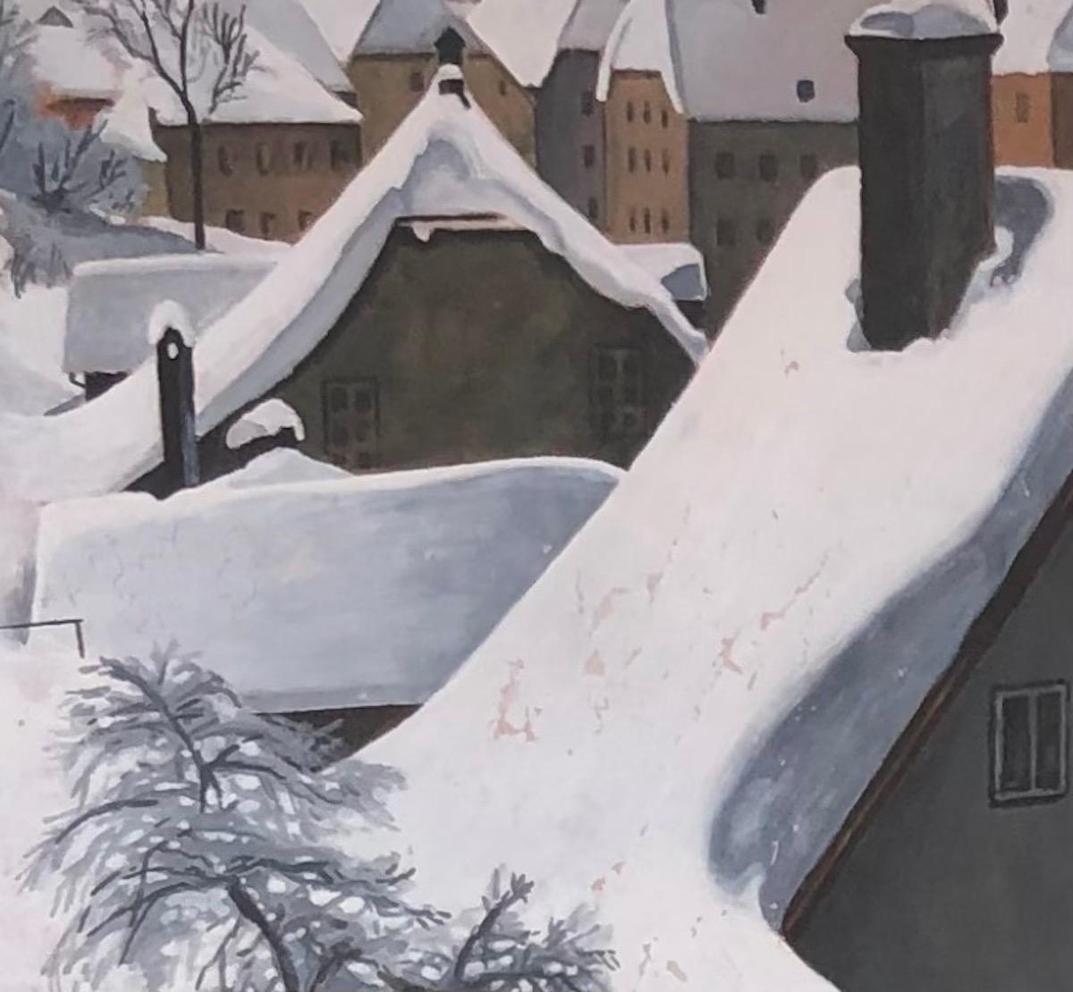 Lavora su cartone
Cornice in legno marrone con vetro
40 x 46,5 x 1,5 cm
Quest'opera raffigura un villaggio innevato con notevole precisione, catturando l'essenza di un inverno sereno. I tetti delle case, ricoperti da uno spesso strato di neve,