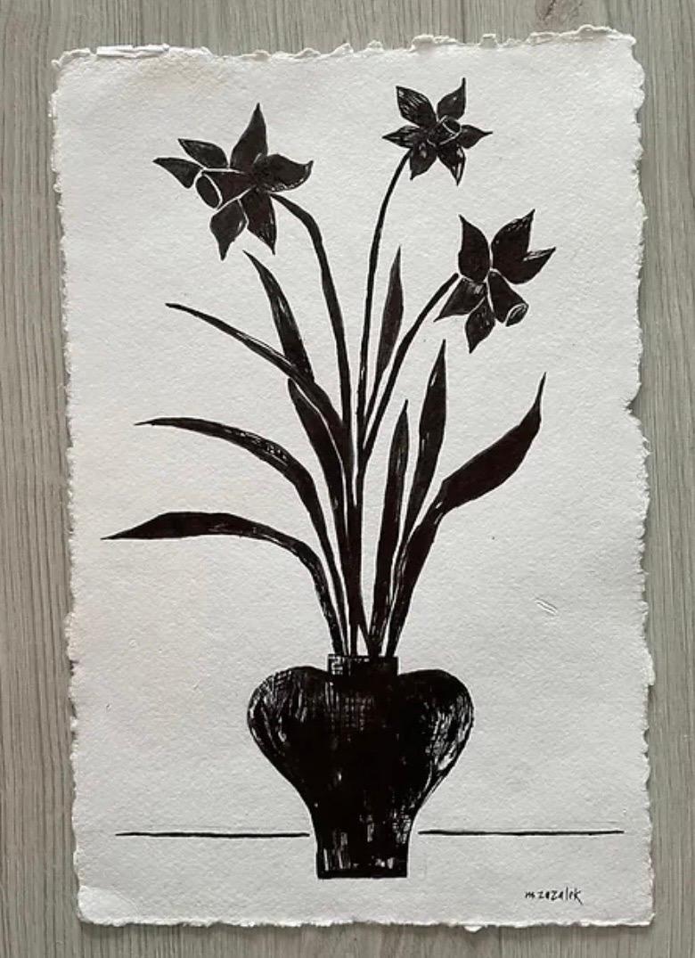 Original mid century modern botanical ink drawing on watercolor paper 