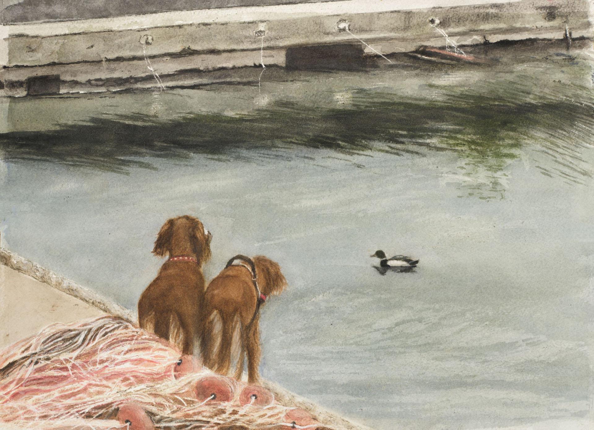 Nancy Holleran Landscape Art - Dogs n’ Ducks