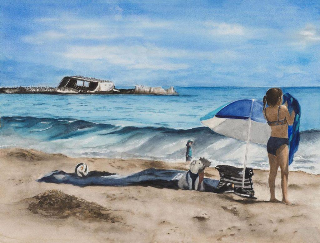 Nancy Holleran Figurative Art - Girl with Dogs on the Beach