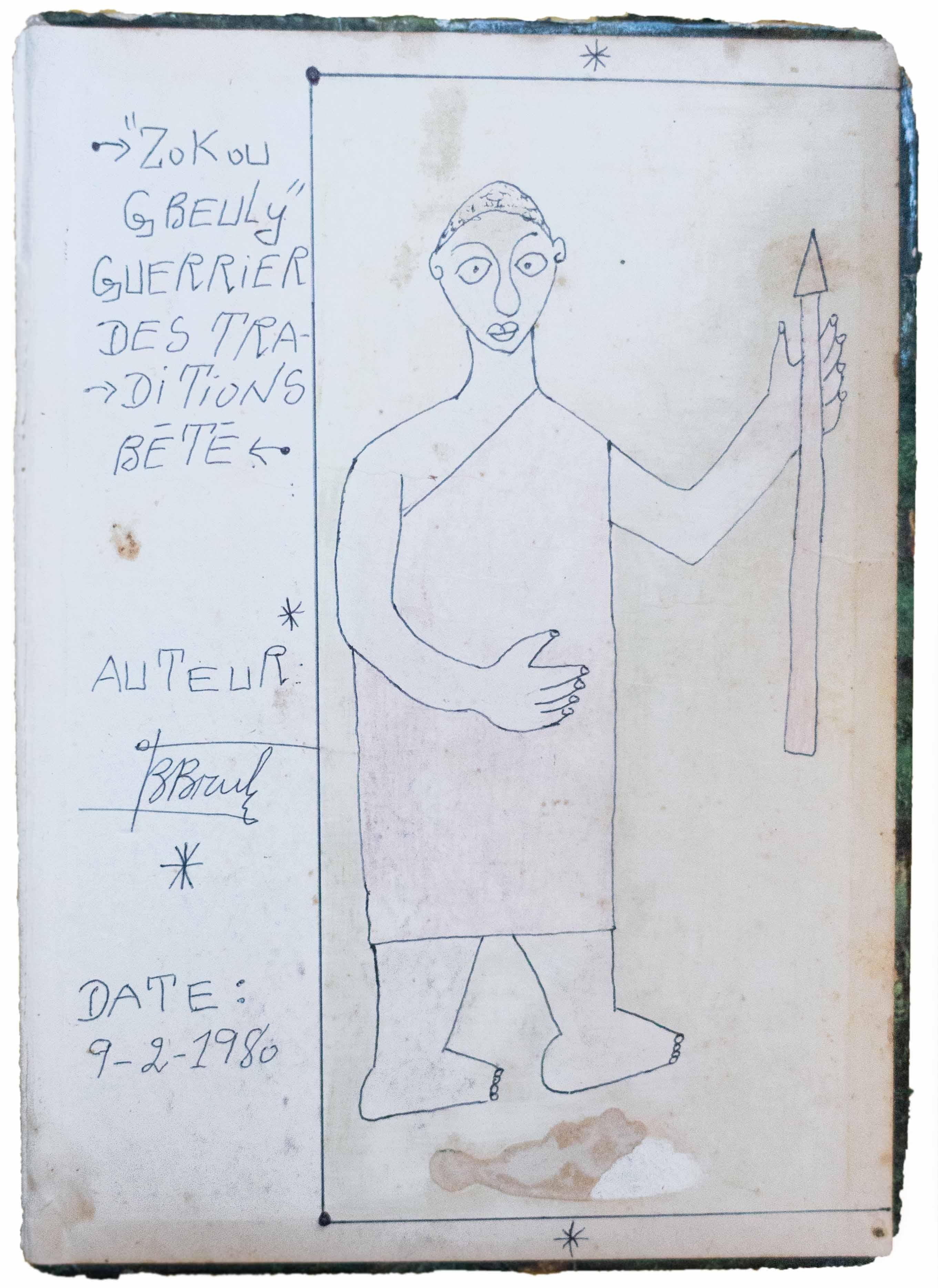 Frédéric Bruly Bouabré Figurative Art - Zokou Gbeuli guerrier des traditions Bété, 1980, African Art, Drawing