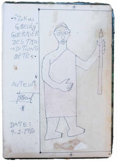 Vintage Zokou Gbeuli guerrier des traditions Bété, 1980, African Art, Drawing