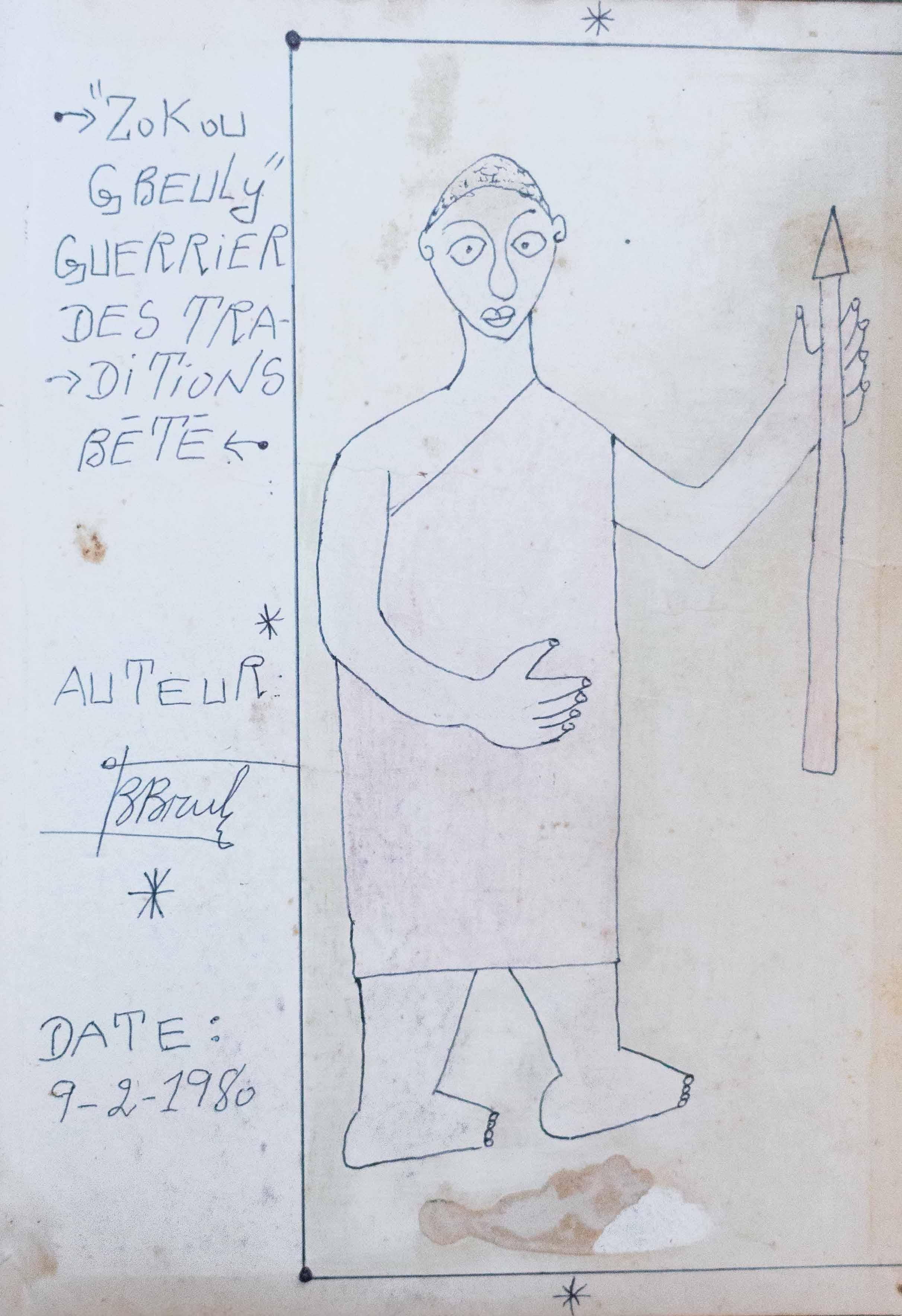 Frédéric Bruly Bouabré, Zokou Gbeuli guerrier des traditions Bétè, 09-02-1980, Drawing in ballpoint pen and colored pencils on cardboard, 29 x 20 cm, Titled, signed and dated on the front, With certificate of authentication issued by the artist's