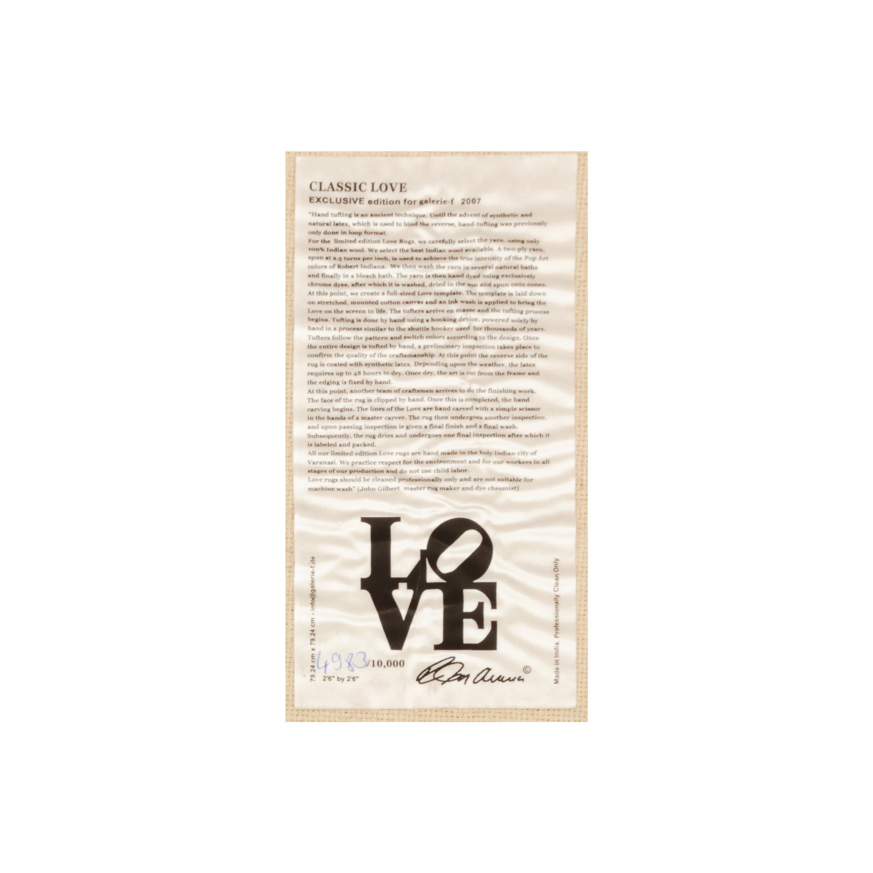 This piece is from the LOVE rugs series by Robert Indiana, issued by Galerie f in 2007. This rug is an editioned, hand-carded carpet by Robert Indiana. The 'Love' rug series by Robert Indiana are executed by using hand tufting, which is an ancient