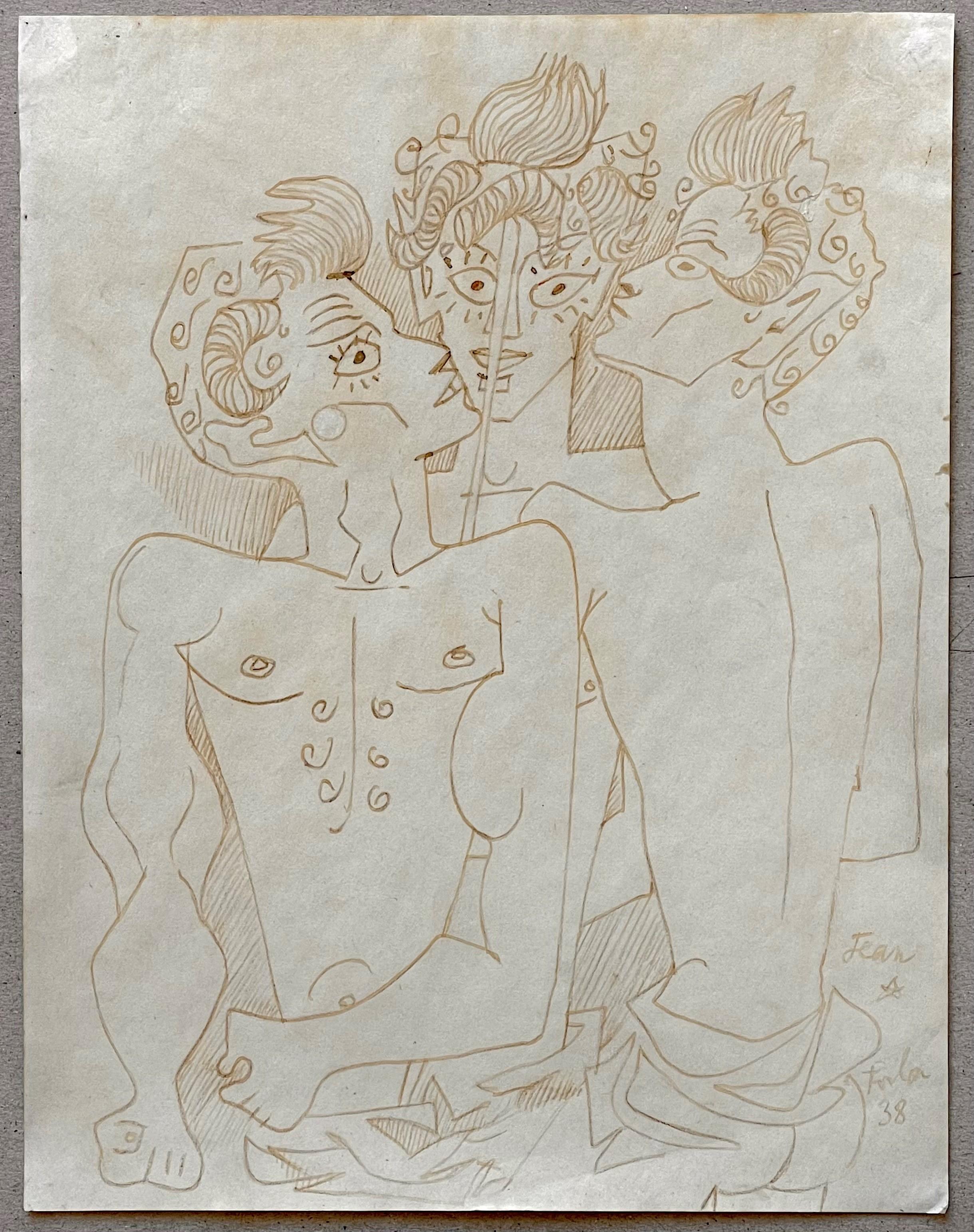 Trois Faunes, 1938 ink on paper beautiful drawing - Art by Jean Cocteau
