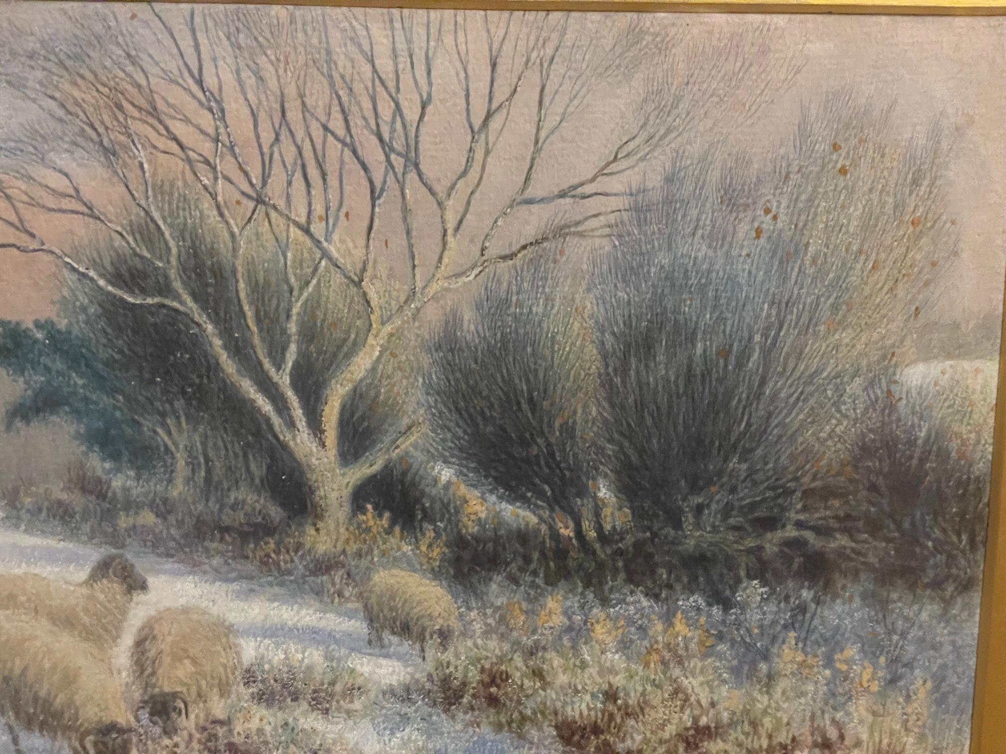 'A Frosty Morning' landscape with sheep in snow is by British 19th century artist John Crane. Crane signed his painting lower right and added the date '86 (1886).  Verso is a 1887 art critic review of this painting and a handwritten account of the