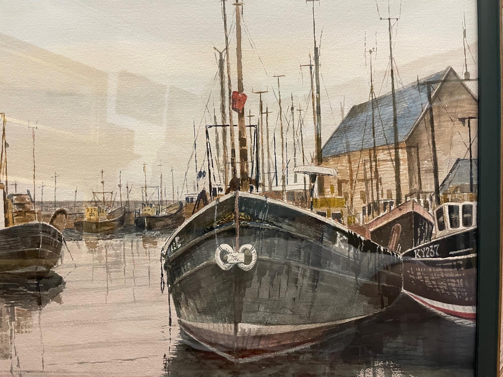 'Pittenweem Harbor' is by contemporary Scottish artist Robert Stirling, signed in lower left. Pittenweem is a fishing village on the east coast of Scotland in Fife, between St Andrews and Elie, an area known for local crafts and pottery.