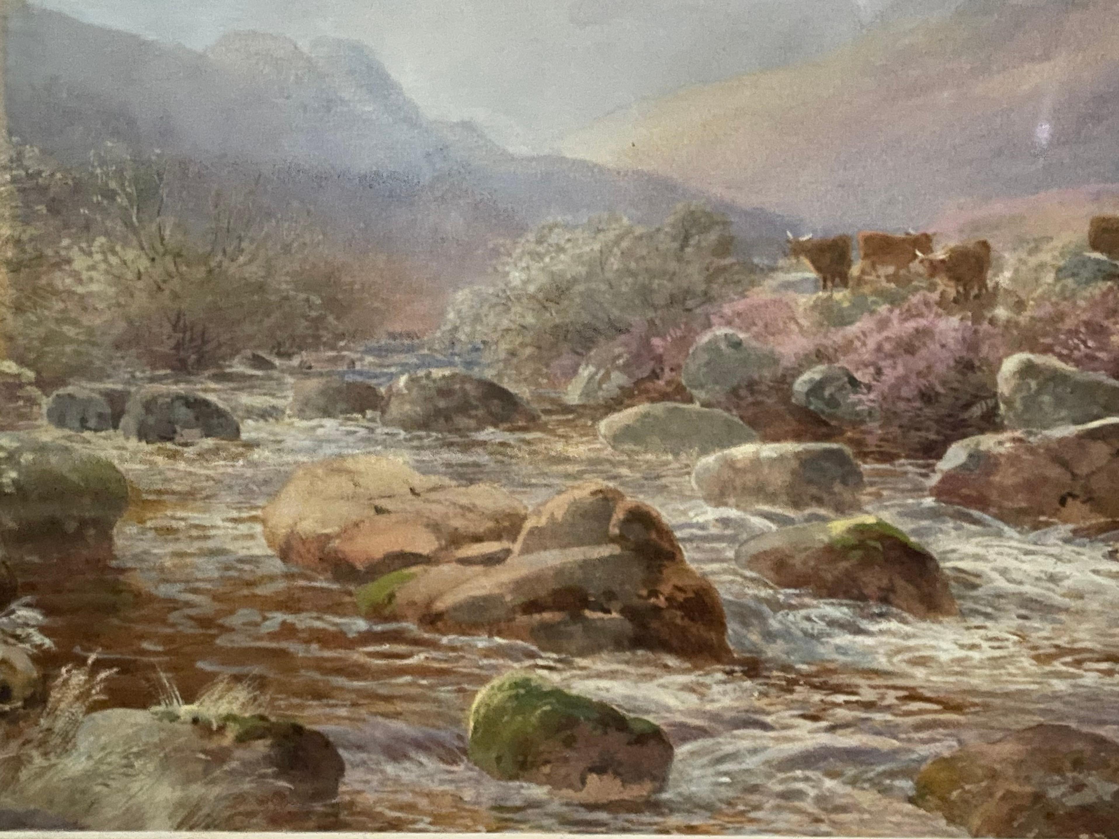 Highland Cattle Beside Stream - Impressionist Art by John Barrett