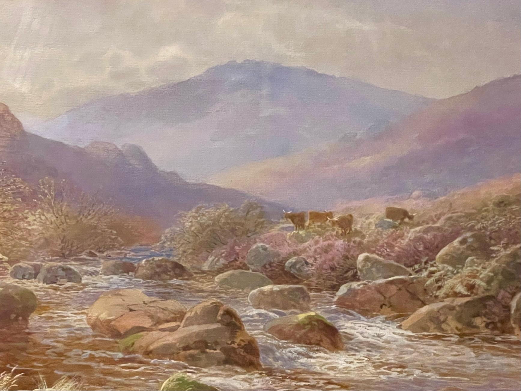 Scottish Highland mountains, river rapids and heather on the hill with cows, this 19th century impressionist watercolor is bright and fresh.  Signed by the artist, John Barrett (1822-1898), on the lower left side.  This painting is aptly titled