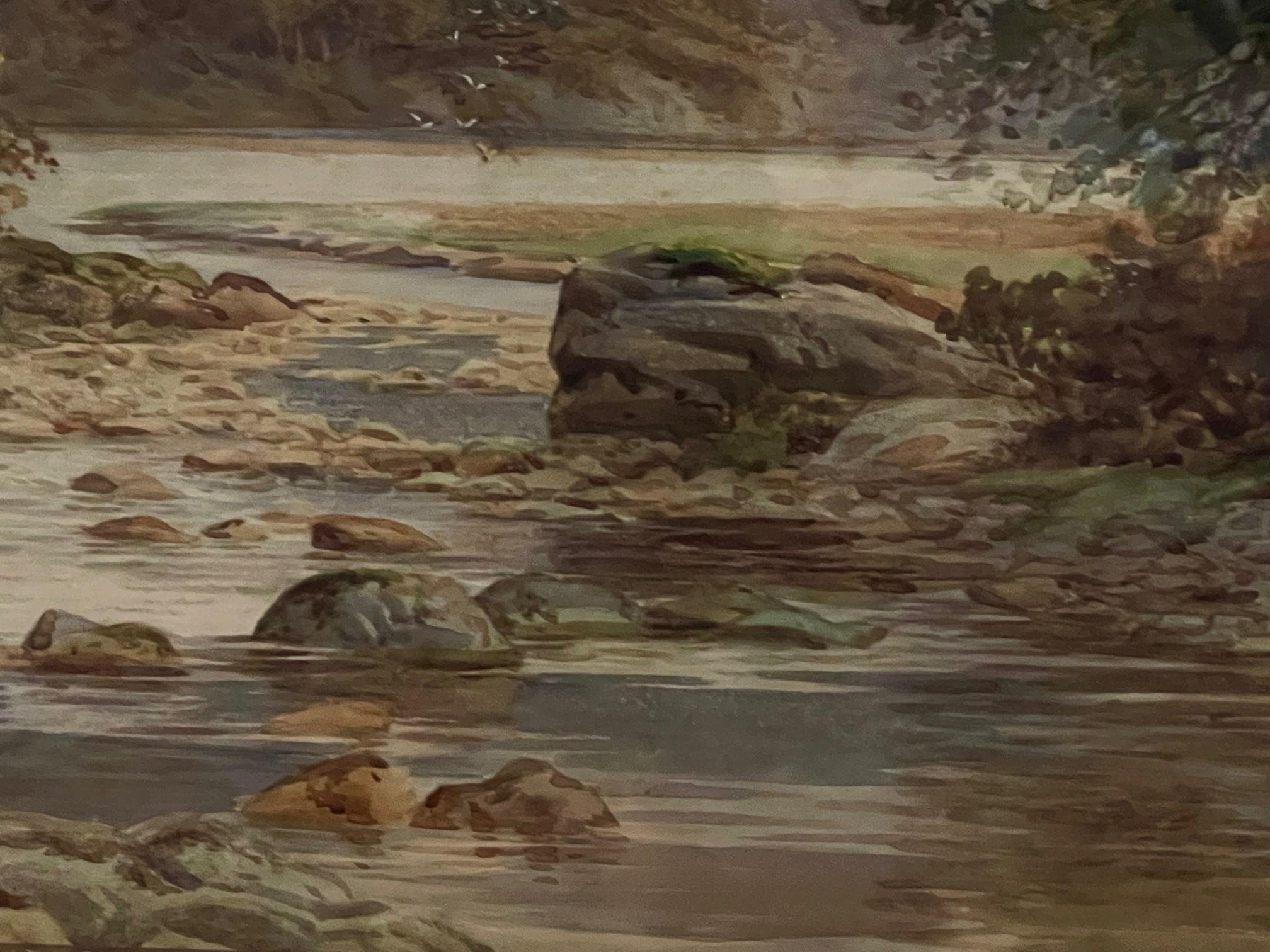 Lovely 19th century watercolor painting with an angler in a mountain stream landscape painting, this is signed William Bradley with a place and date on the lower left hand corner. Mists fall over the central mountain rising above the stream with