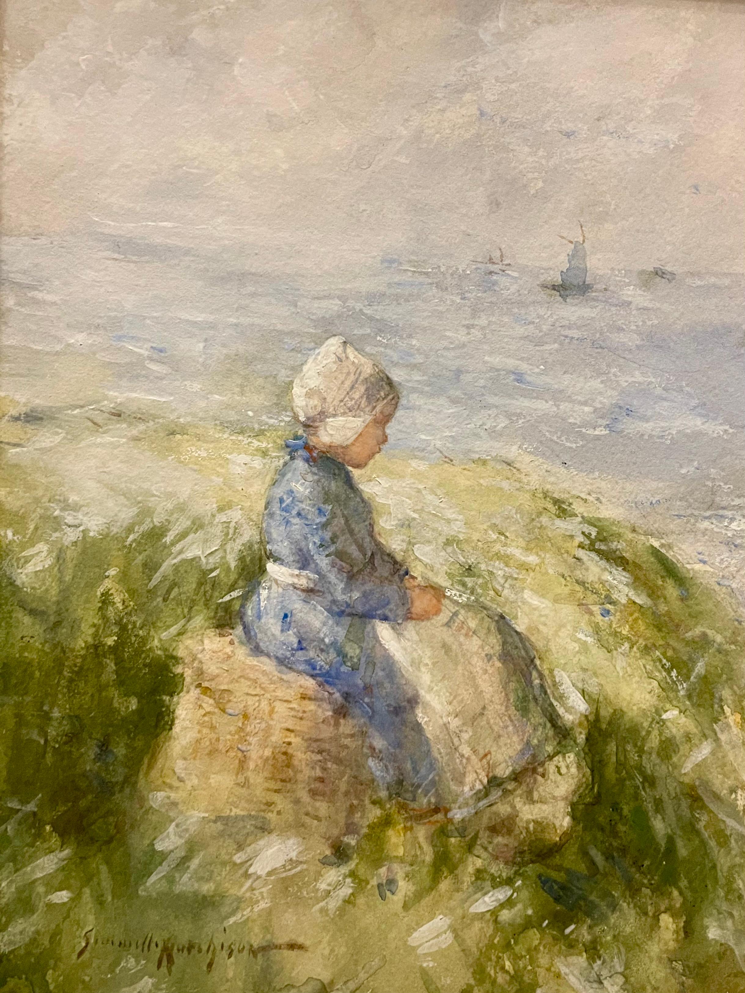 Robert Gemmel Hutchison Figurative Art - Waiting for Father, Scottish seaside circa 1900