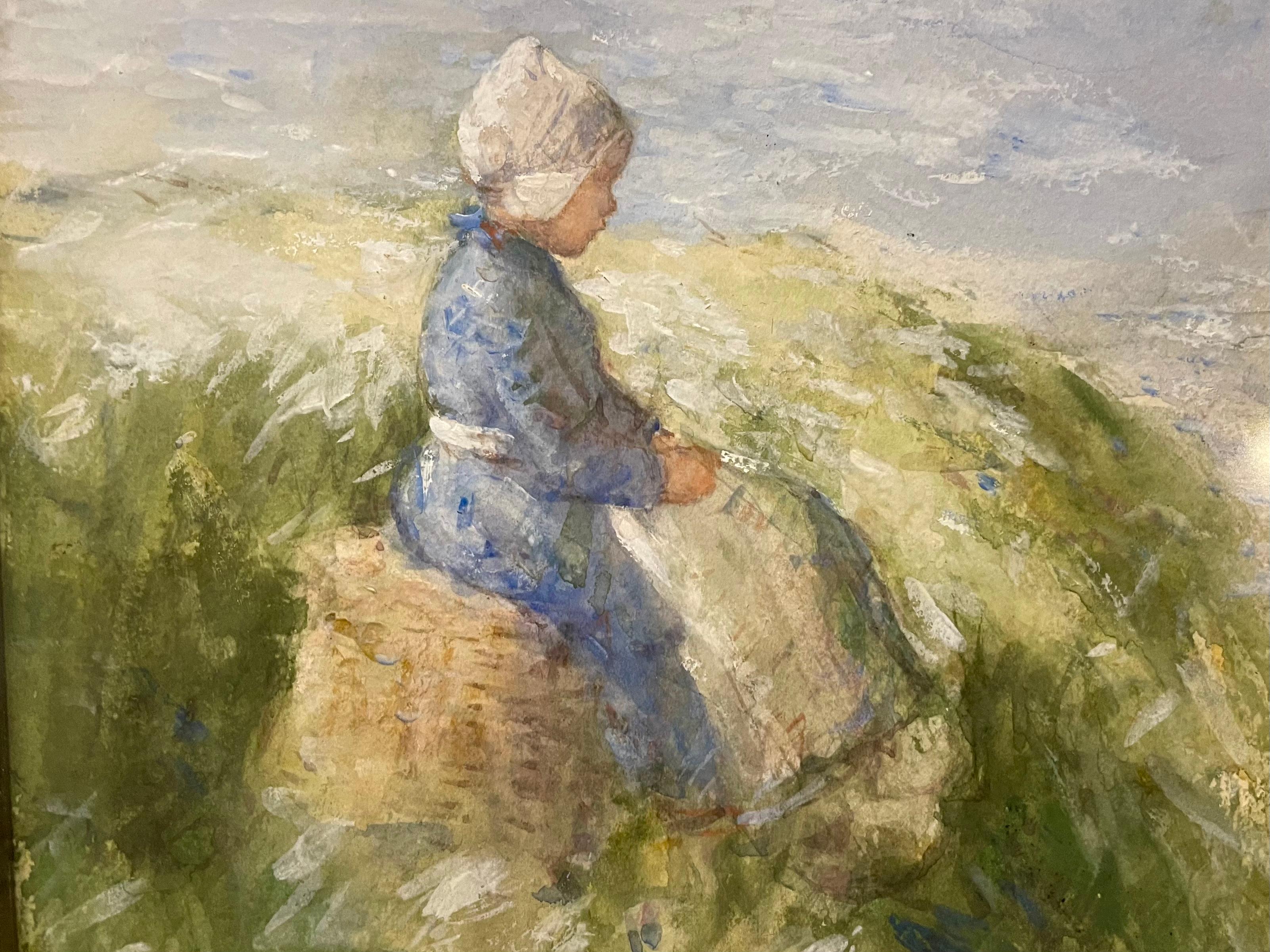 ‘Waiting for Father’ is a charming painting depicting a 19th century child waiting by the sea for her Scottish fisherman father to return. Robert Gemmel Hutchison (1860-1936), is renowned for his delightful paintings of children. His watercolors are