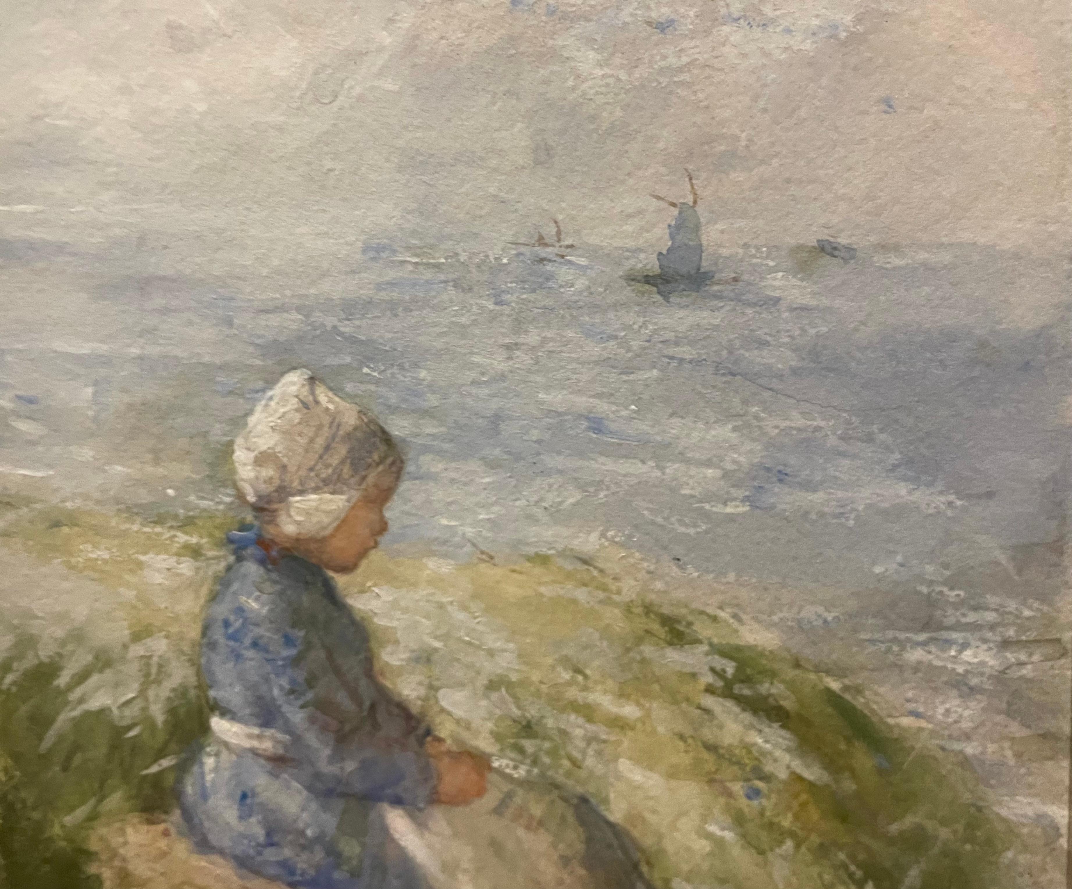 Waiting for Father, Scottish seaside circa 1900 - Impressionist Art by Robert Gemmel Hutchison