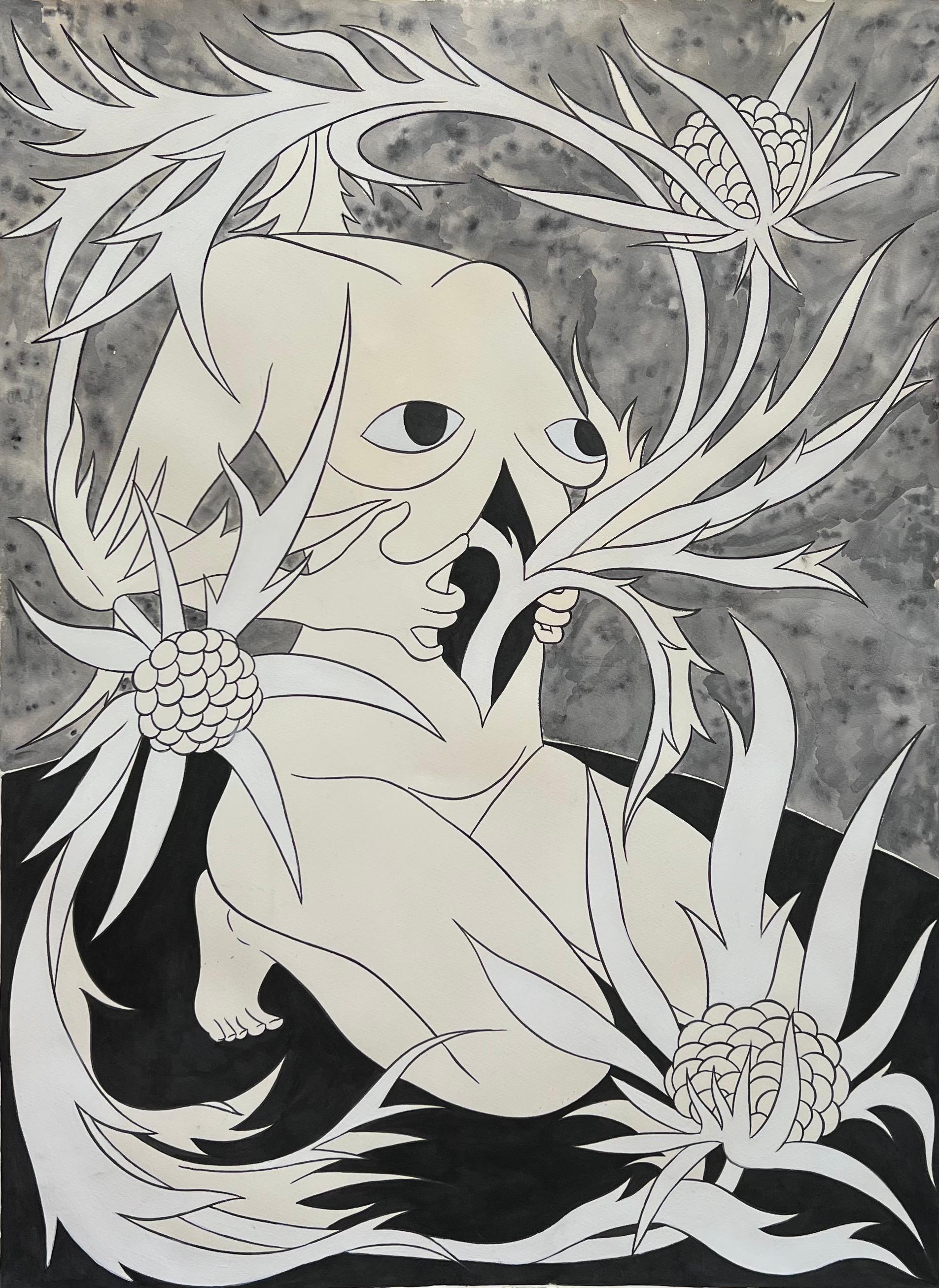 Figurative Art María Conejo - "Estudio para Sentimiento interior I" esquisse, corps, noir et blanc, plantes.