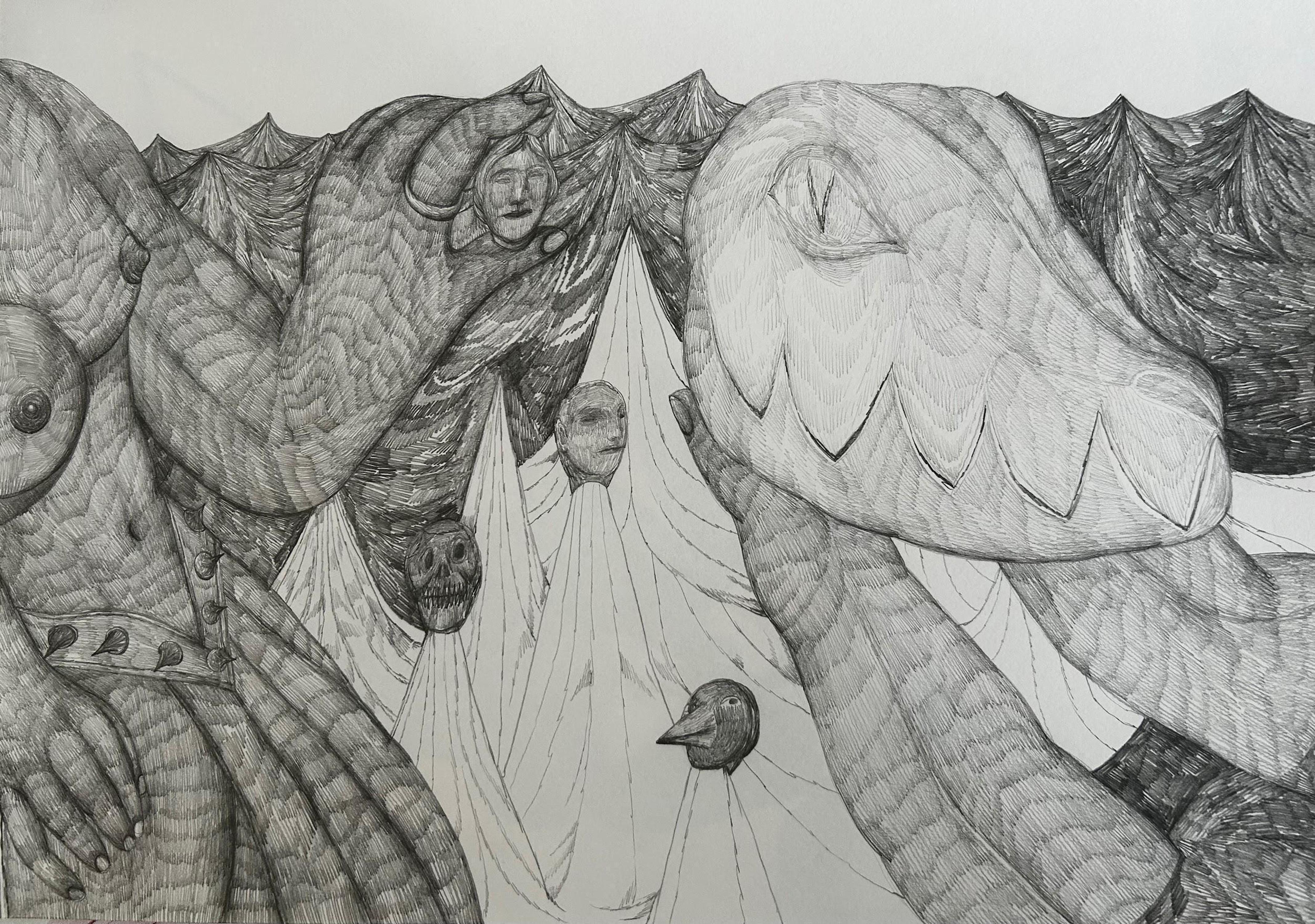 Surrealist Graphite Painting, Framed, 21st Century, 60x74 cm