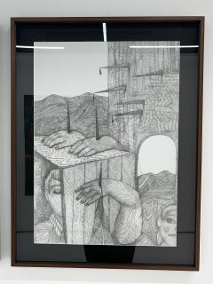 Disegno surrealista di finestra in grafite, con cornice, 21° secolo, 72x60 cm