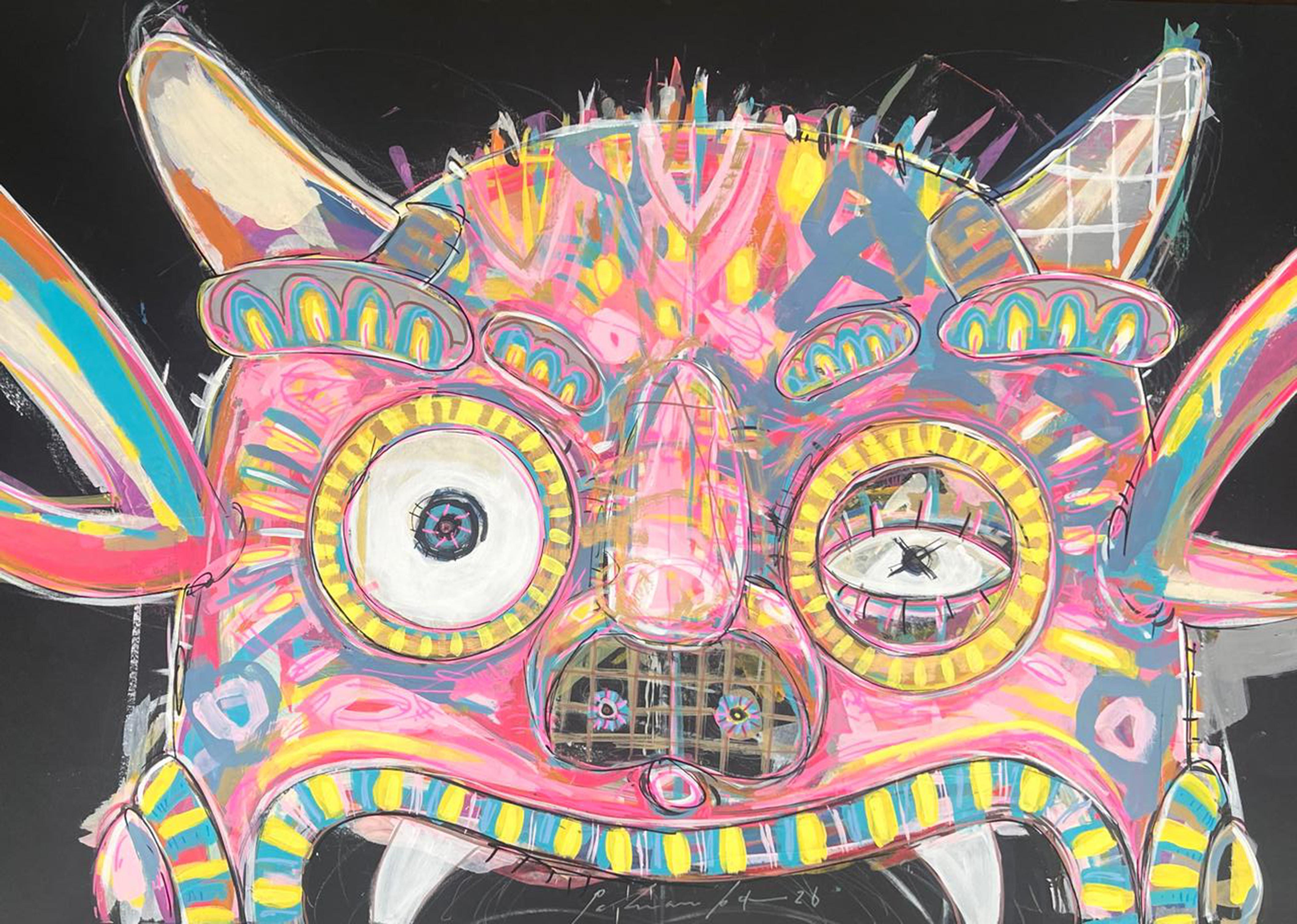 Pink Diablito, Acrylic on Paper, 50x80cm, Folk Art Drawing, 2026