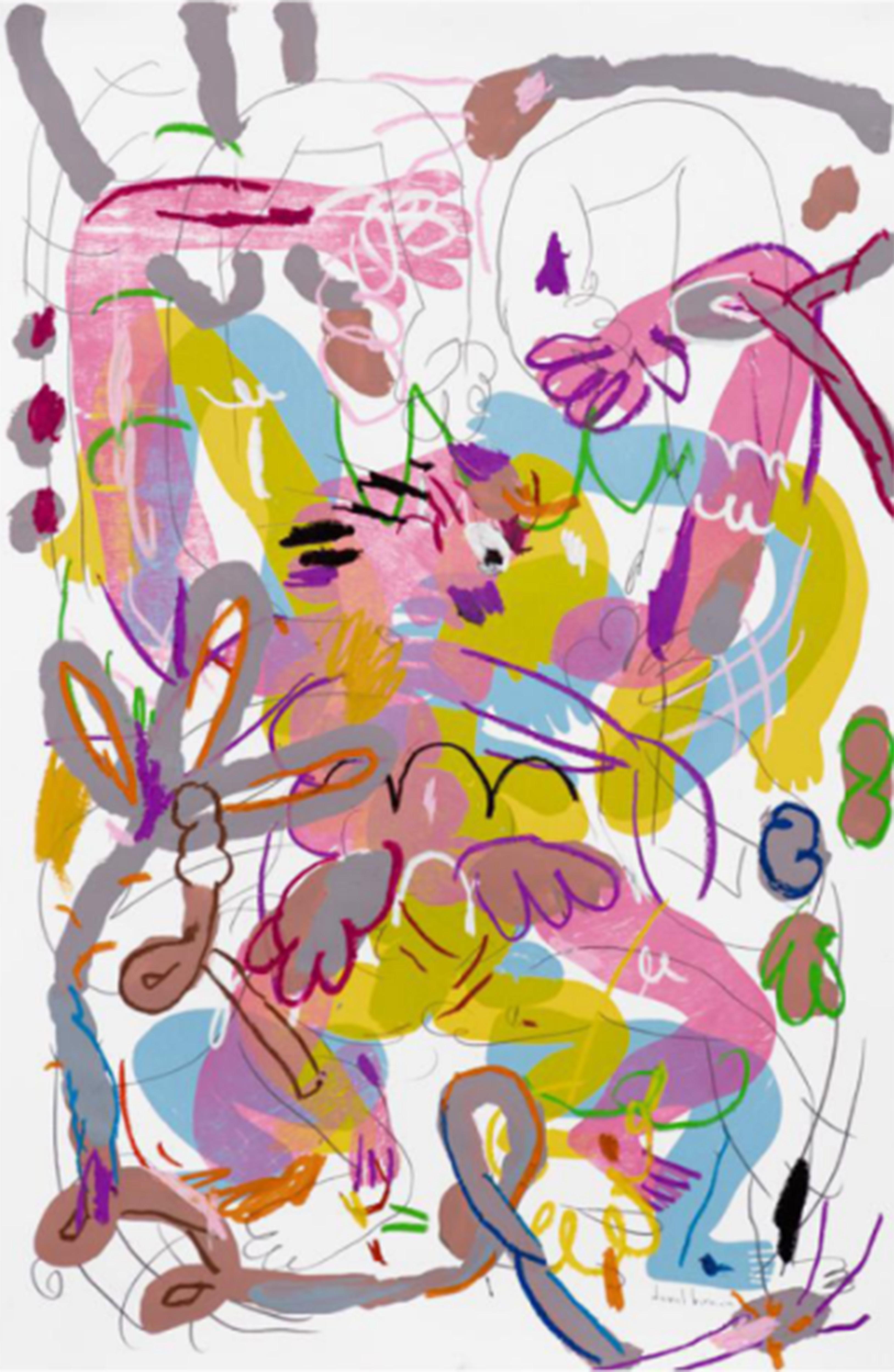 Daniel Berman Abstract Drawing – V11: Variationen einer Körper-Serie, Ölpastell, 89 x 58 cm, figurative Abstraktion