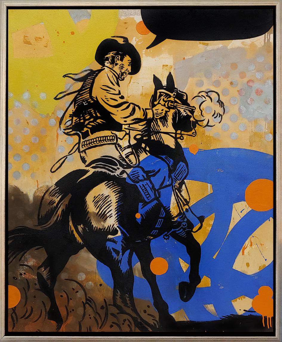 "Enfrentamiento a medianoche en los Hogbacks" óleo, pintura en spray y esmalte sobre lienzo 46x38"
