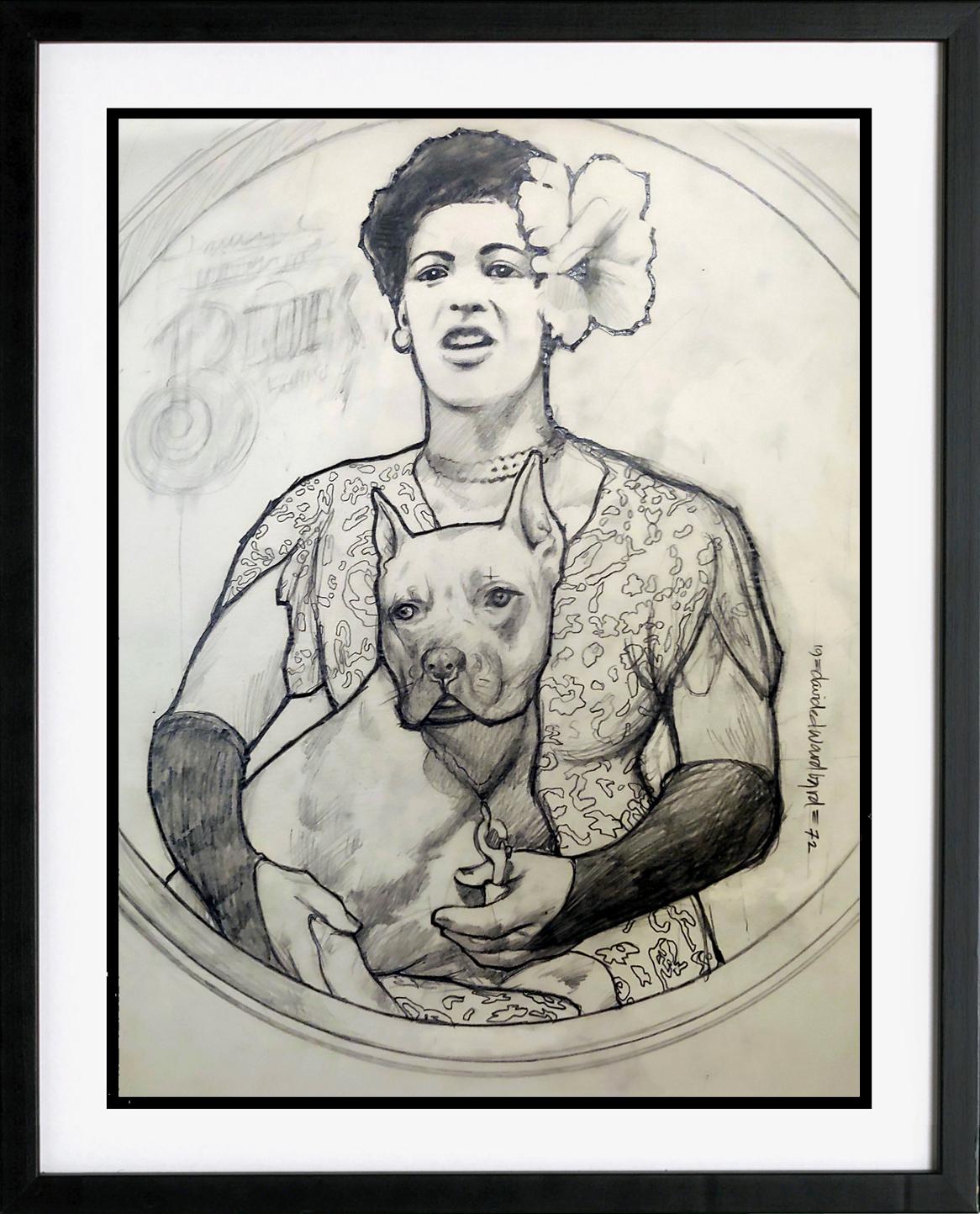 Figurative Art David Edward Byrd  - « Billy Holiday and her dog Mister » Blues 1972 original