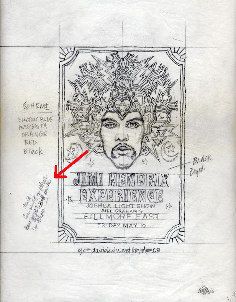 Jimi Hendrix original Color Pencil sketch (croquis au crayon couleur original) Fillmore East, la toute première version en vente 1