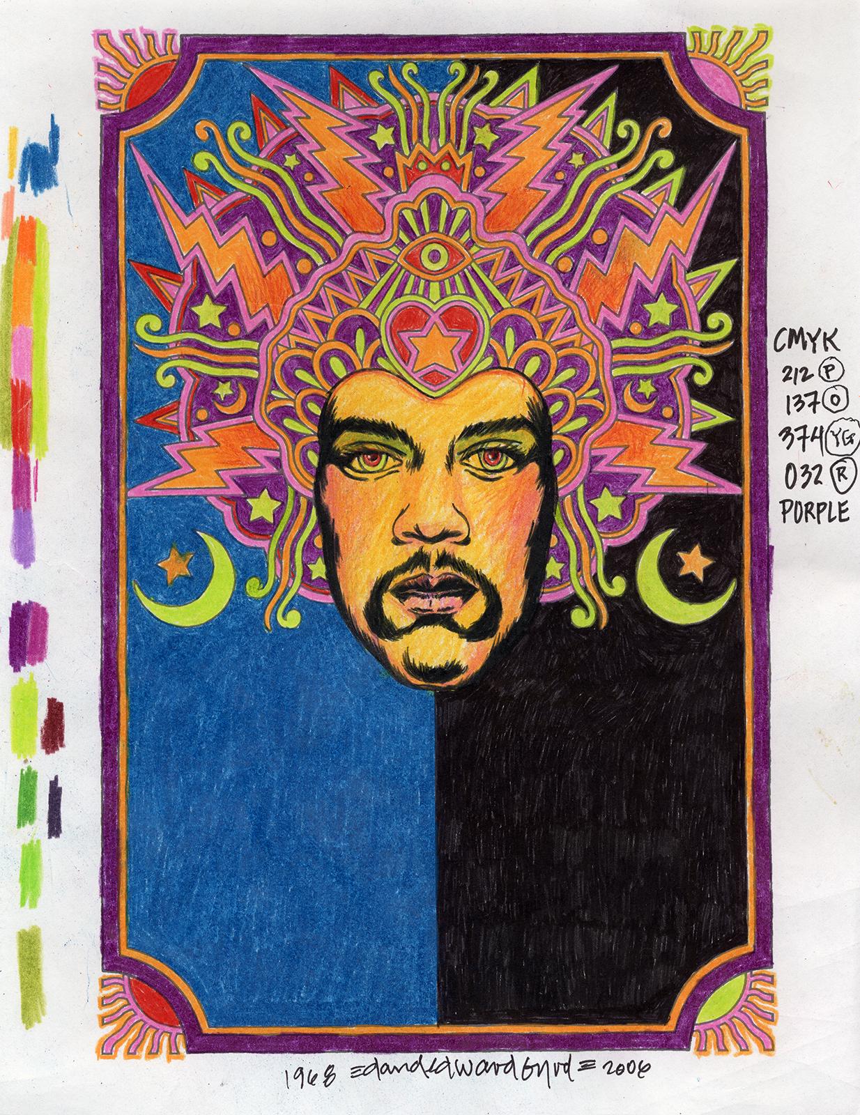 „Jimi Hendrix Original-Farbstiftskizze“ Fillmore East, die allererste Version (Beige), Portrait, von David Edward Byrd 