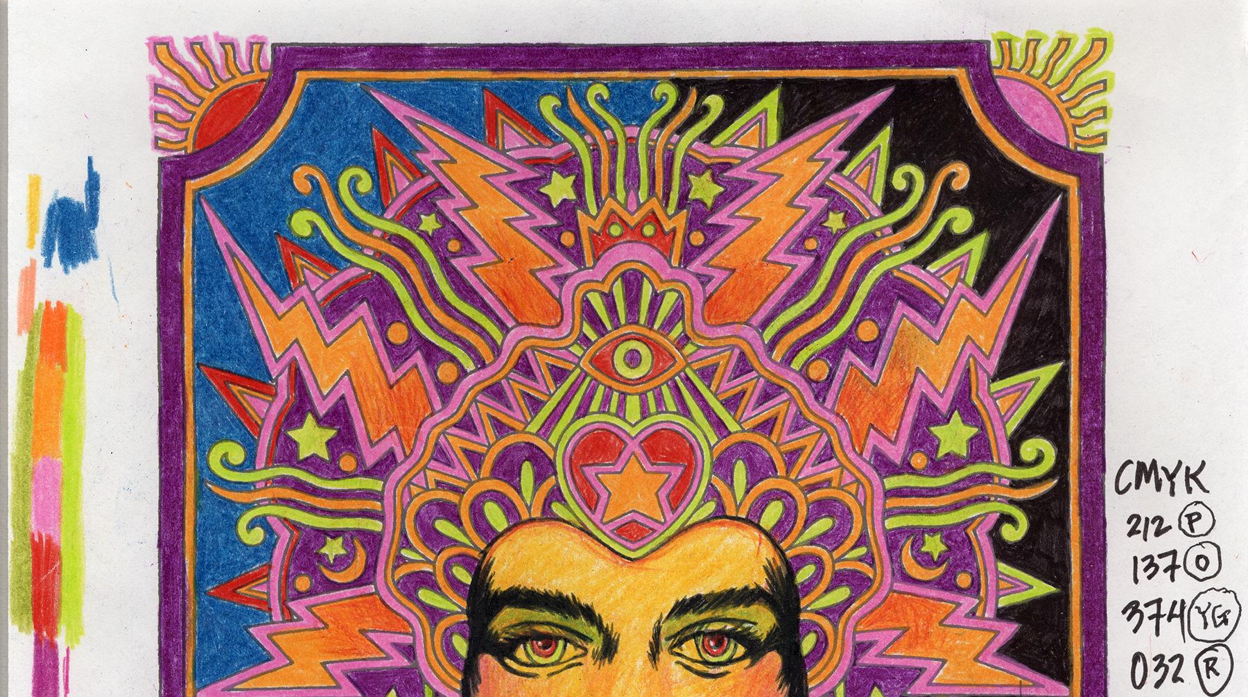 „Jimi Hendrix Original-Farbstiftskizze“ Fillmore East, die allererste Version – Art von David Edward Byrd 