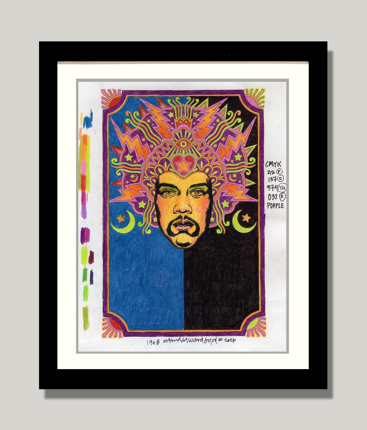 Jimi Hendrix original Color Pencil sketch (croquis au crayon couleur original) Fillmore East, la toute première version - Pop Art Art par David Edward Byrd 